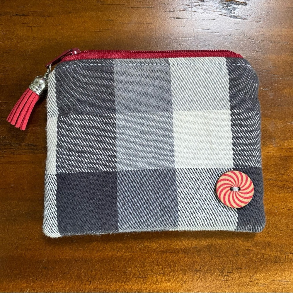 Handmade Buffalo Plaid Coin Purse with Tassel & Peppermint Button – 4” x 4.3”